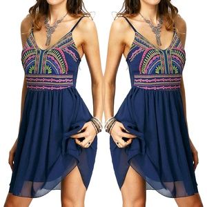 Tribal Print Navy Chiffon Fit & Flare Dress NWOT